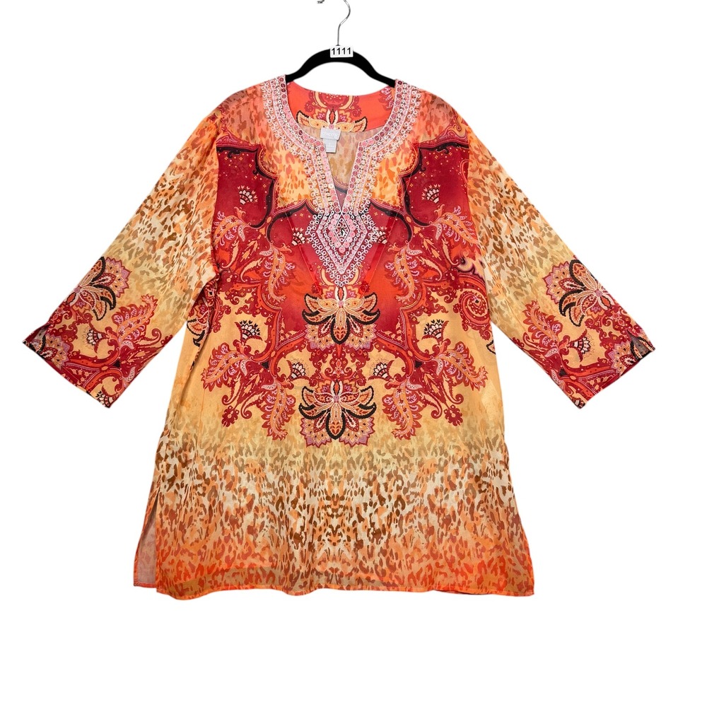 Chico's Tunic Top Womens 3 16/18 Orange Paisley Animal Print Sequin V-Neck Boho